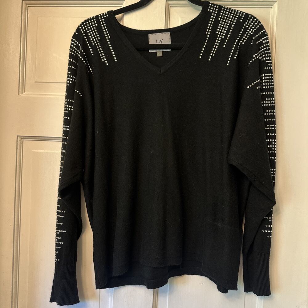 LIV MILANO Sweater Large Black Sparkling Crystals Dressy Rhinestone Bedazzled